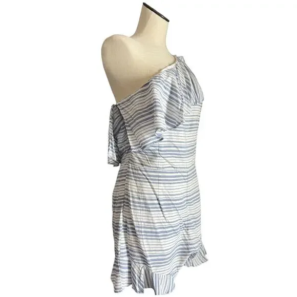 BB Dakota Womens Size 10 Romper Colleen One Shoulder Striped Blue White Ruffles - Picture 2 of 10
